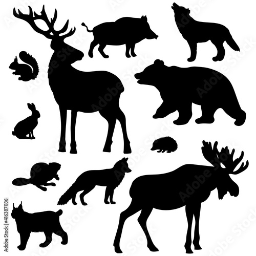 Black silhouettes of forest animals on a white background Stock Vector |  Adobe Stock