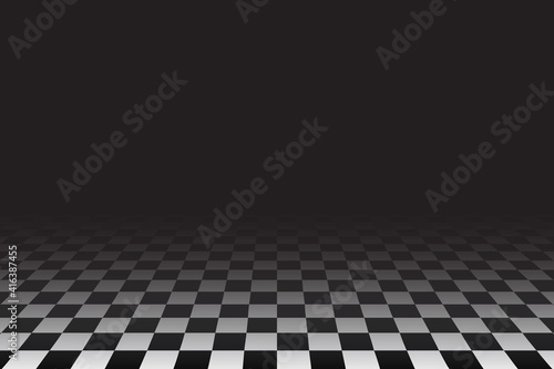 Checkered Tile Floor Perspective View Empty Room With Black Dark Background Vector IIllustration