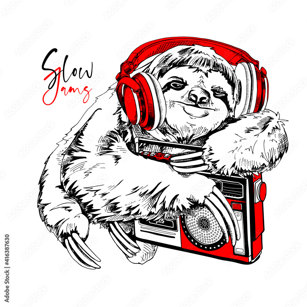 Fototapeta premium Funny smiling Sloth In a red headphones hugging a audio tape recorder. Slow jams - lettering quote. Humor card, t-shirt composition, hand drawn style print. Vector illustration.