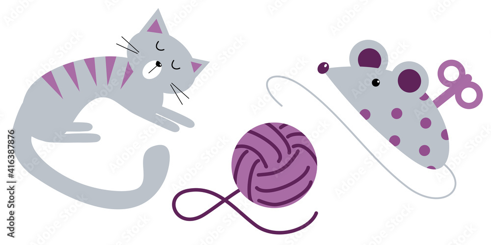 Vector cartoon illustration of mouse, ball of thread and cats isolated on white background for cute postcard, logo, for the design of a children`s room, for invitations, greeting cards, business card
