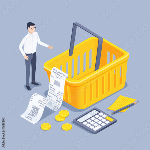 isometric vector illustration on gray background, food basket with receipt and calculator, man and coins, food budget