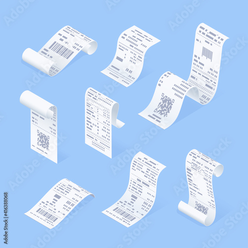 isometric vector illustration on blue background, set of curved payment checks and receipts with shadows