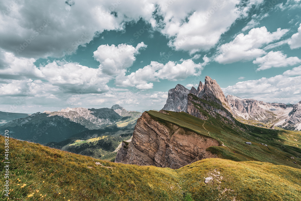 Fototapeta premium Panoramic view of the Seceda, high mountain in the Dolomites in South Tyrol, Italy.