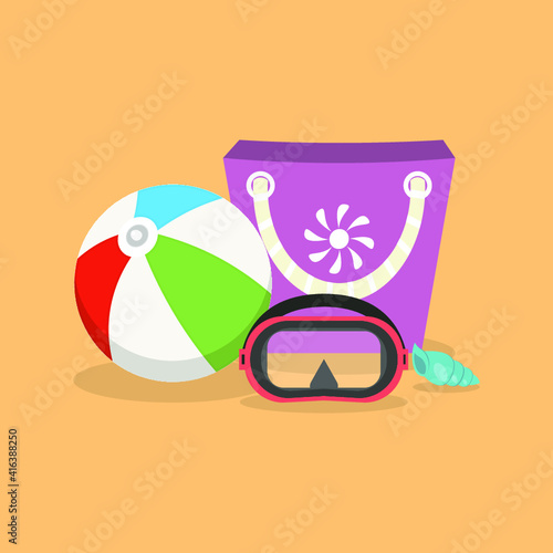 Vector illustration of summer holidays attributes on background: a beach ball, a swimming mask for diving and snorkelling and a beach bag on a sand colour background. 