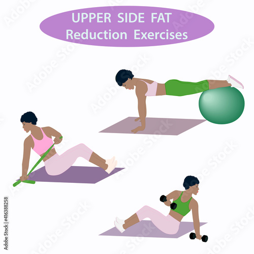 African American girl doing exercises on a gymnastic ball, elastic band, dumbbells - vector. Fitness. Mental health