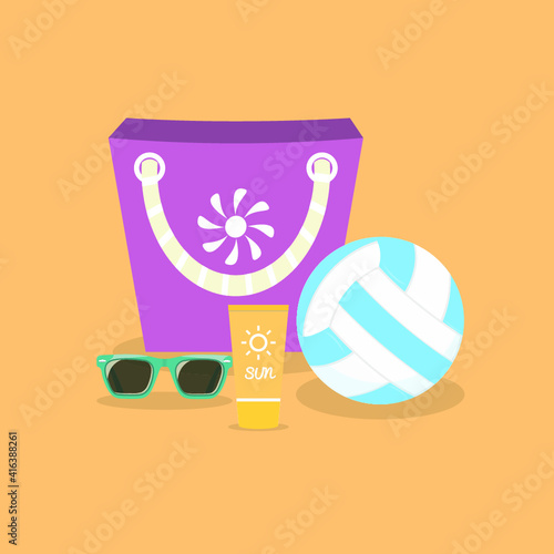 Vector illustration of summer holidays attributes on background: a beach volleyball, a suntan cream and a beach bag on a sand colour background. 
