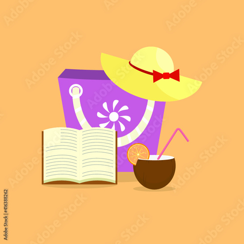 Vector illustration of summer holidays attributes on background: a coconut cocktail, an open book, a sun hat and a beach bag on a sand colour background. 