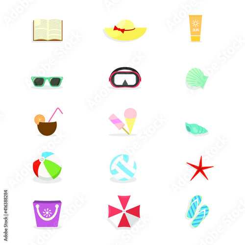 Vector illustrations set of summer holidays attributes on background: book, hat, suntan cream, sunglasses, swimming mask, shells, cocktail, ice-cream, balls, starfish, beach bag, beach umbrella, flops