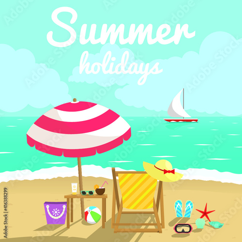 Vector illustration of beach on seashore with sun lounger, beach umbrella, sea waves, sun hat, beach bag, cocktail, sunglasses, suntan cream, ball, flip-flops, starfish, shells and sailing ship.