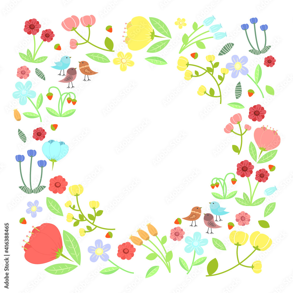 Vector illustration of coloured flowers set on white background. Spring and summer nature. 