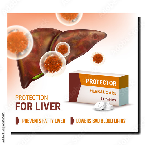Liver Protector Medicaments Promo Banner Vector. Liver Protection Pills Blank Packaging Advertising Poster. Drug For Prevents Fatty And Lower Bad Blood Lipids Style Concept Template Illustration