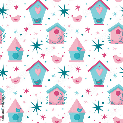 Pink and blue cute birdhouses and birds in Spring orSummer time. Vector seamless pattern for wallpaper, textile, banners