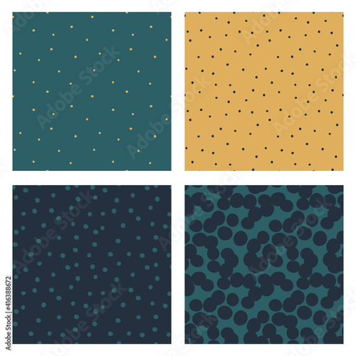 Set of Polka dot repeating backgrounds. Vector dotted seamless patterns in trendy colors. Gold sand, sea green, deep blue.  Card templates.