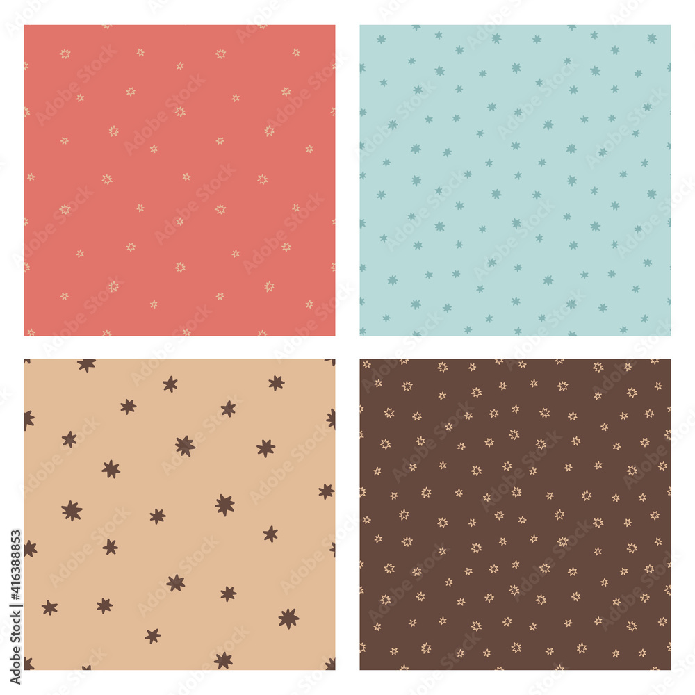 Set of vector seamless patterns. Star doodle backgrounds. Soft pink, pastel blue, light brown, chocolate brown.  Card templates. - obrazy, fototapety, plakaty 