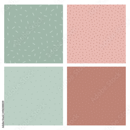 Fototapeta Naklejka Na Ścianę i Meble -  Set of vector seamless patterns with dots and sprinkle doodles. Soft nude colors. Card templates.