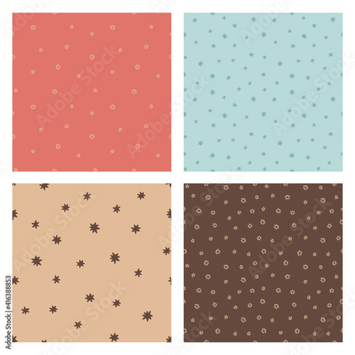 Set of vector seamless patterns. Star doodle backgrounds. Soft pink, pastel blue, light brown, chocolate brown. Card templates.