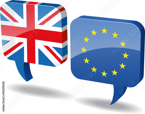 Sprechblasen symbolisch für Dialog EU Großbritannien, mit Fahne Großbritannien und Fahne EU