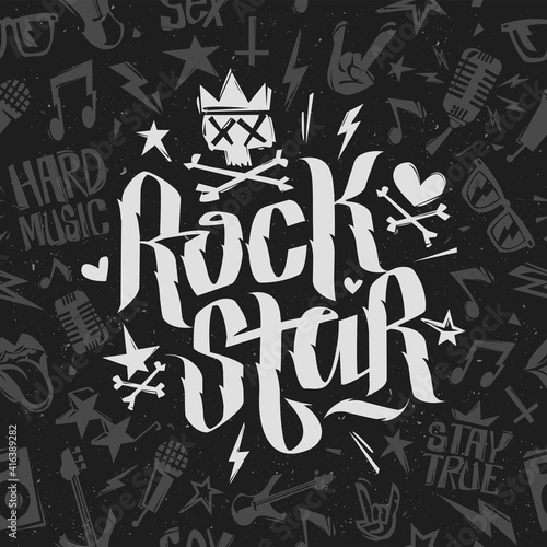 Rock Star White Lettering Calligraphy with grunge style Rock n Roll elements. Rock and Roll music seamless pattern isolated on black background 