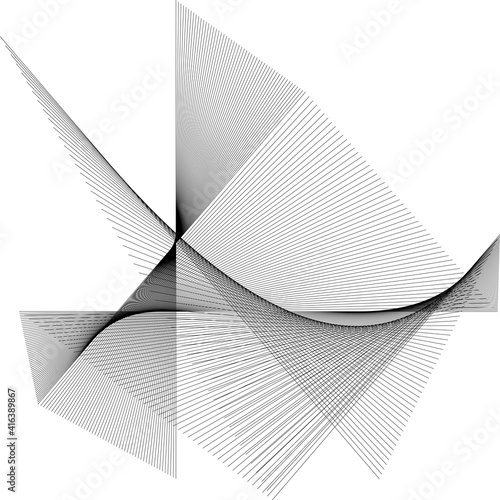 Black and white intersecting lines, twisted mesh element isolated on white