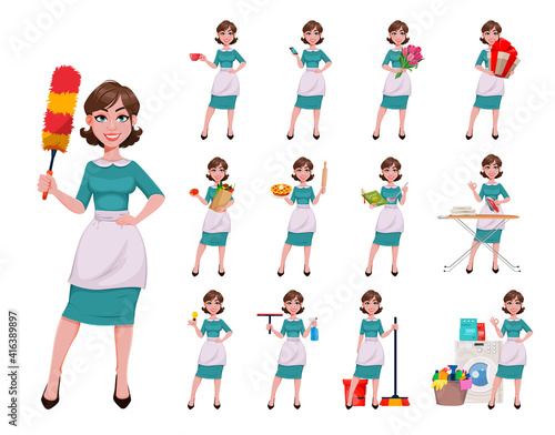 Cheerful housekeeper, mother, beautiful woman