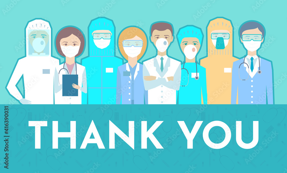 Cartoon image of doctors and nurses for postcard. Thank you doctors and nurses working in the hospitals and fighting the coronavirus, bright illustration. Cartoon image of doctors and nurses for postcard. Thank you doctors and nurses working in the hospitals and fighting the coronavirus, bright illustration.