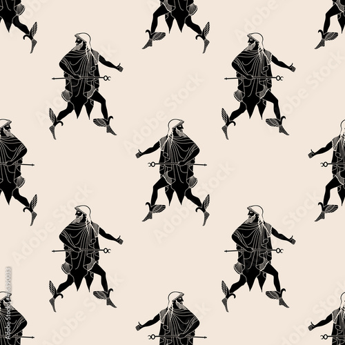 Seamless ethnic monochrome pattern with silhouettes of ancient Greek god Hermes or Mercury.