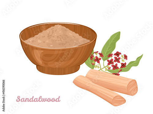 Sandalwood powder in bowl, Chandan sticks and  flowering plant with green leaves isolated on a white background. Vector illustration in cartoon flat style.