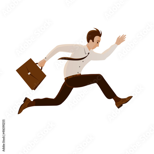 A young business man in a tie and with a briefcase in hand is in a hurry. Runs at high speed. Vector isolated cartoon illustration.