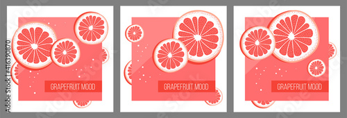 Set of three postcard and banner concepts with grapefruits. Vector illustration.