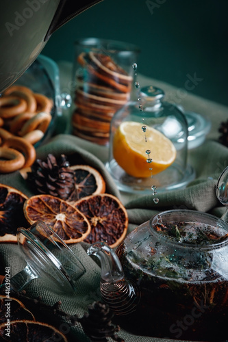 aromatic hot cinnamon tea on wooden table