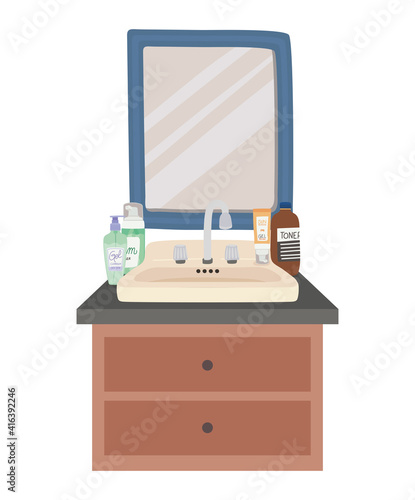 square mirror and set of skincare icons on a furniture with two drawers