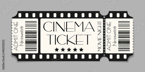 Cinema ticket template mockup with barcode. Vector illustration of realistic show admission in retro style. Vintage performance ticket or coupon design