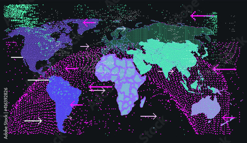 Map of the World in pixel art style. Retrofuturistic cyberpunk user interface, sci-fi hacker UI.