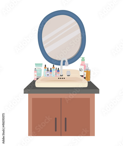 mirror and set of skincare icons on a furniture with two drawers