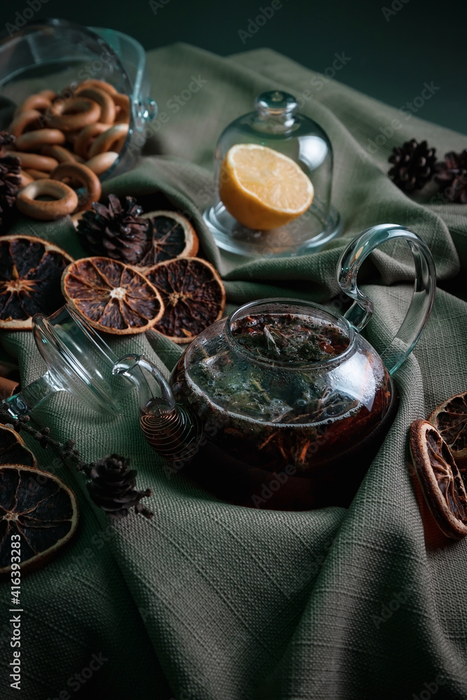 aromatic hot cinnamon tea on wooden table