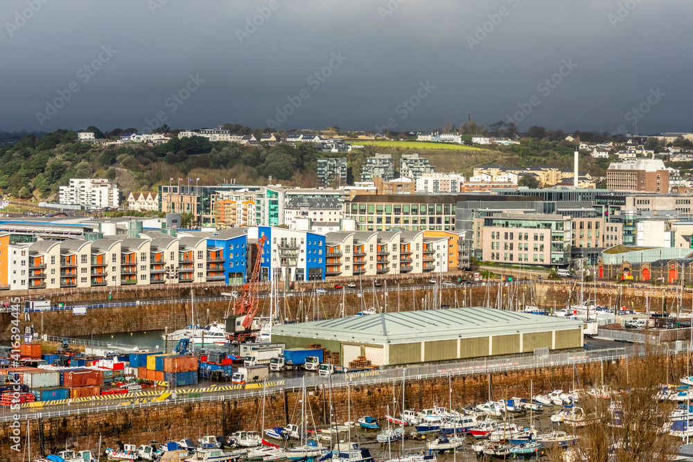 Saint Helier capital city panorama with port and marina in the foreground, bailiwick of Jersey, Channel Islands
