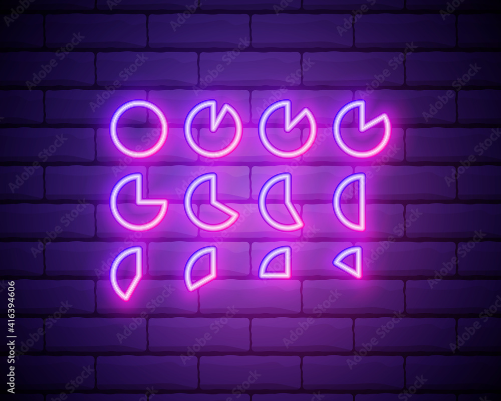 Obraz premium Glowing neon line Pie chart infographic icon isolated on brick wall background. Diagram chart sign. Vector Illustration