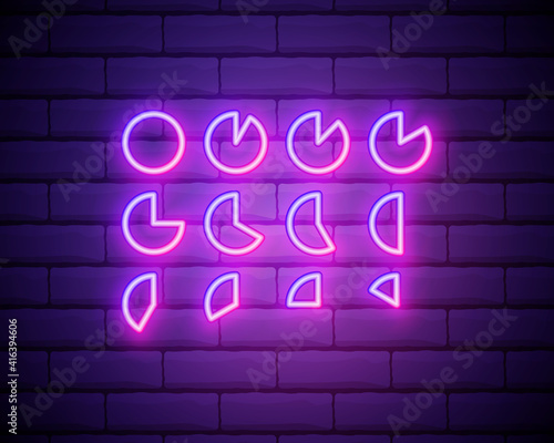 Glowing neon line Pie chart infographic icon isolated on brick wall background. Diagram chart sign. Vector Illustration