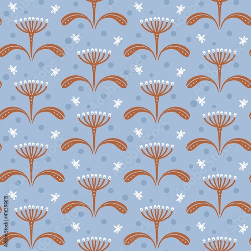 seamless pattern of meadow flowers with umbrella inflorescences and moths