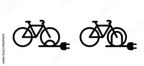 Eco electric bicycle parking space zone, e-bike charge sign. Electric plug, bike to parking stand area battery charger. Bikes on a bicycle parking, power station charging point symbol. Flat vector ebi