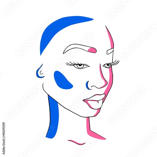 Abstract woman face one line drawing. Portrait minimalistic style. Modern abstract face with abstract blue, pink shapes on white. Minimalism concept of summer. Face line art drawing style