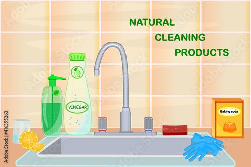 Kitchen sink with natural cleaning products. Vinegar, lemon, baking soda. Cuisine with faucet, dish detergent, soap, gloves and sponge.Tile wall, sink and tap. Zero waste lifestyle.Vector illustration