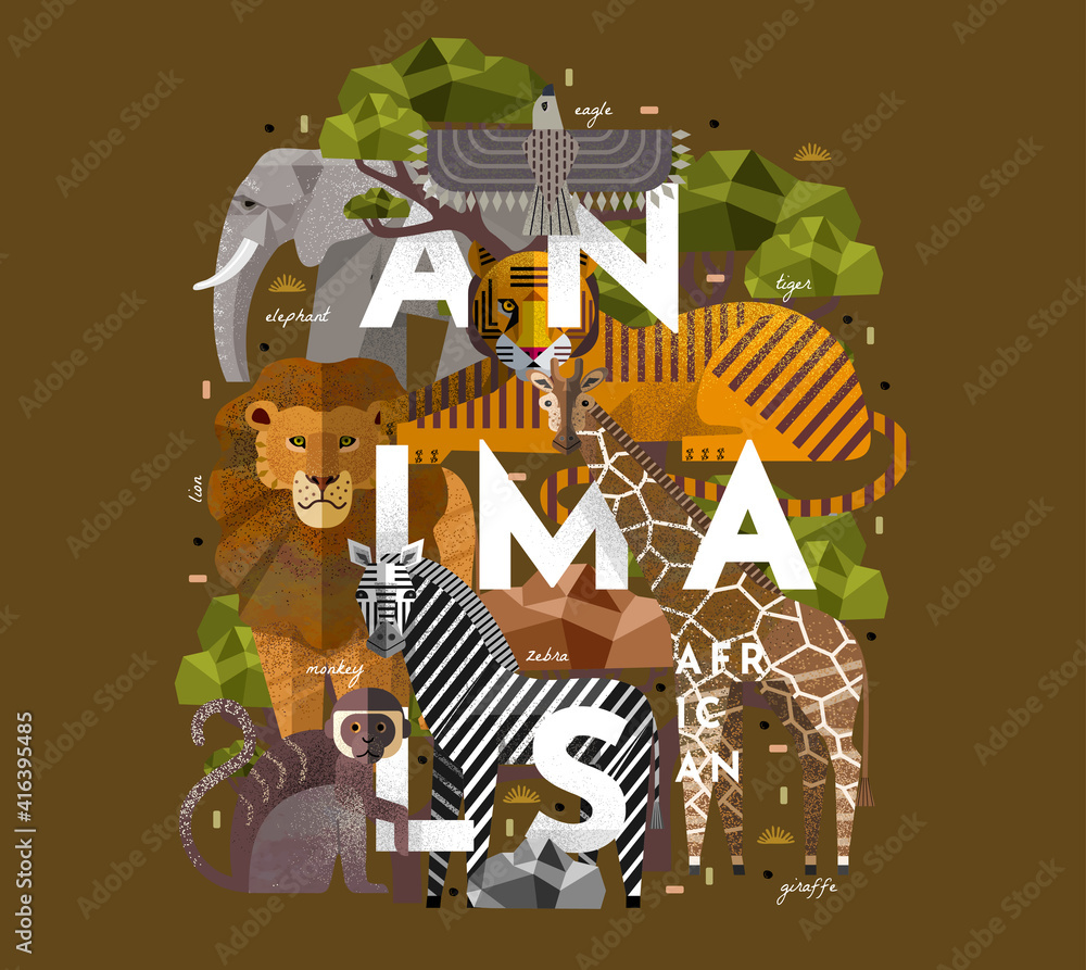 Fototapeta premium Animals. Vector flat illustrations of giraffe, elephant, monkey, tiger, lion, zebra, eagle, tree, savanna. African flora and fauna drawings for poster or background