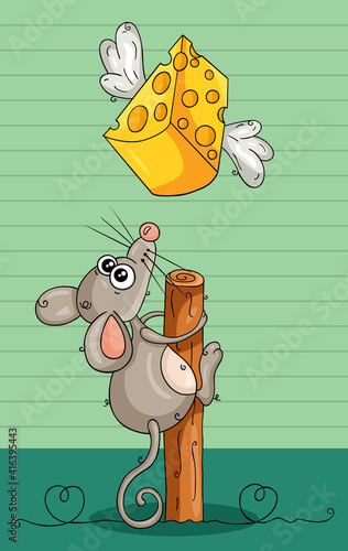 Illustration with cute mouse looking a cheese flying
