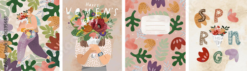 Women's day on March 8! Spring holiday. Vector illustration of a woman with a bouquet, floral ornament and abstract background. Drawings for postcard, card or congratulation