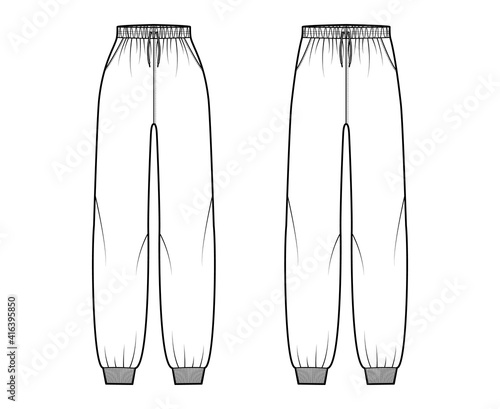 Set of Sweatpants technical fashion illustration with elastic cuffs, normal low waist, high rise, full length, drawstrings. Flat knit training apparel template front white color. Women men CAD mockup