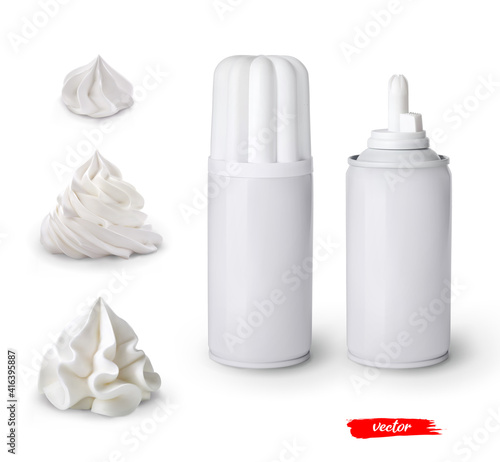 Set of whipped cream swirls and whipped cream cans on white background. 3d realistic vector illustration of sweet dairy product. Mockup of whipped cream package.