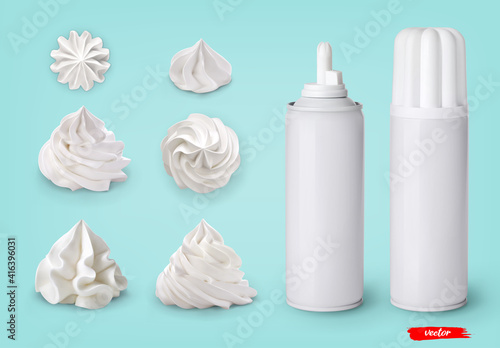 Set of whipped cream swirls and whipped cream cans on blue background. 3d realistic vector illustration of sweet dairy product. Mockup of whipped cream package.