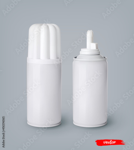 Whipped cream bottle cans on gray background. 3d realistic vector illustration of sweet dairy product. Mockup of whipped cream package.