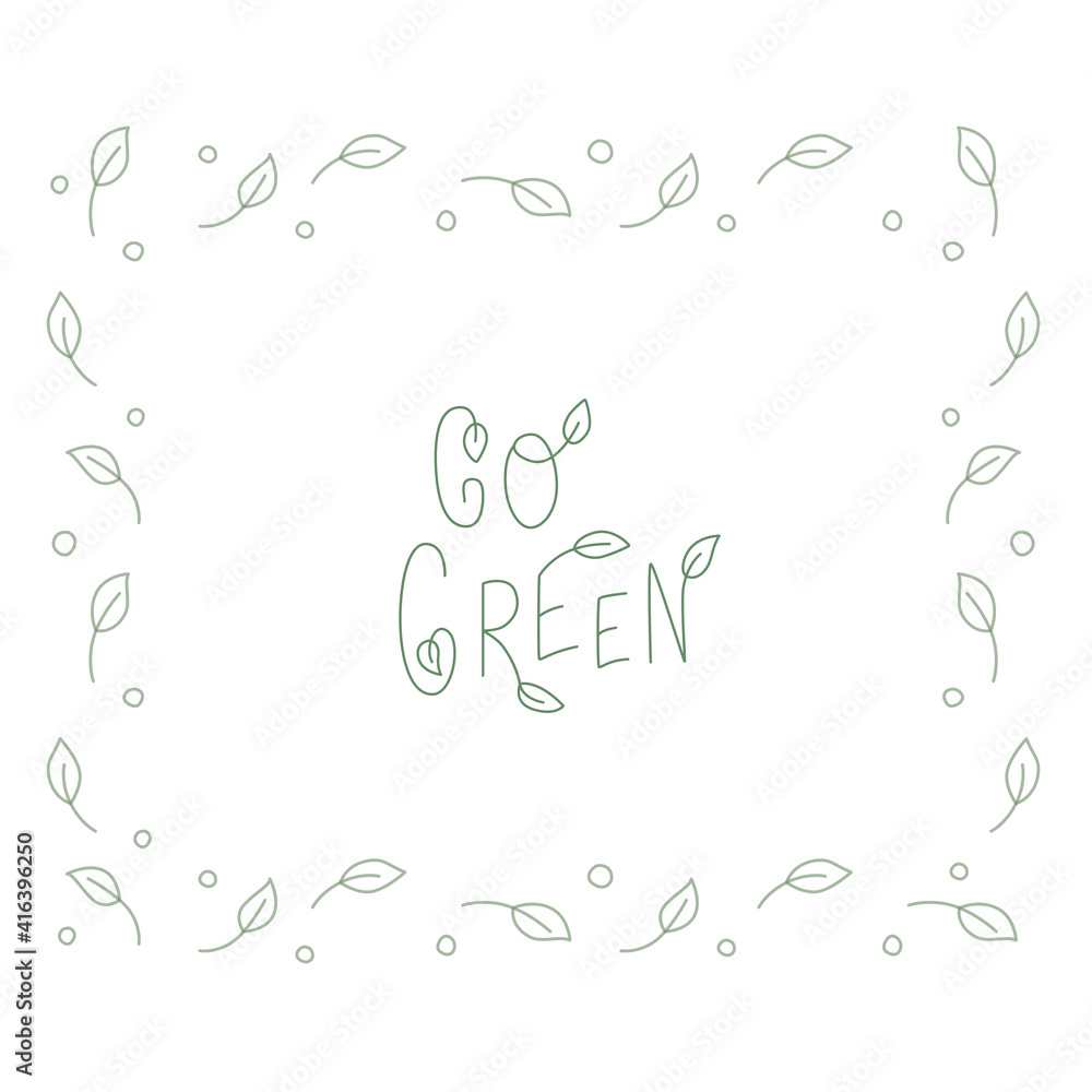 Go green handwritten spring sign with leaf. Fresh, green style typography lettering for packaging design. Vector stock illustration isolated on white background. EPS10 Go green handwritten spring sign with leaf. Fresh, green style typography lettering for packaging design. Vector stock illustration isolated on white background. EPS10